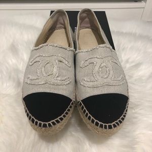 CHANEL LINEN ESPADRILLES BEIGE AND BLACK SIZE 37